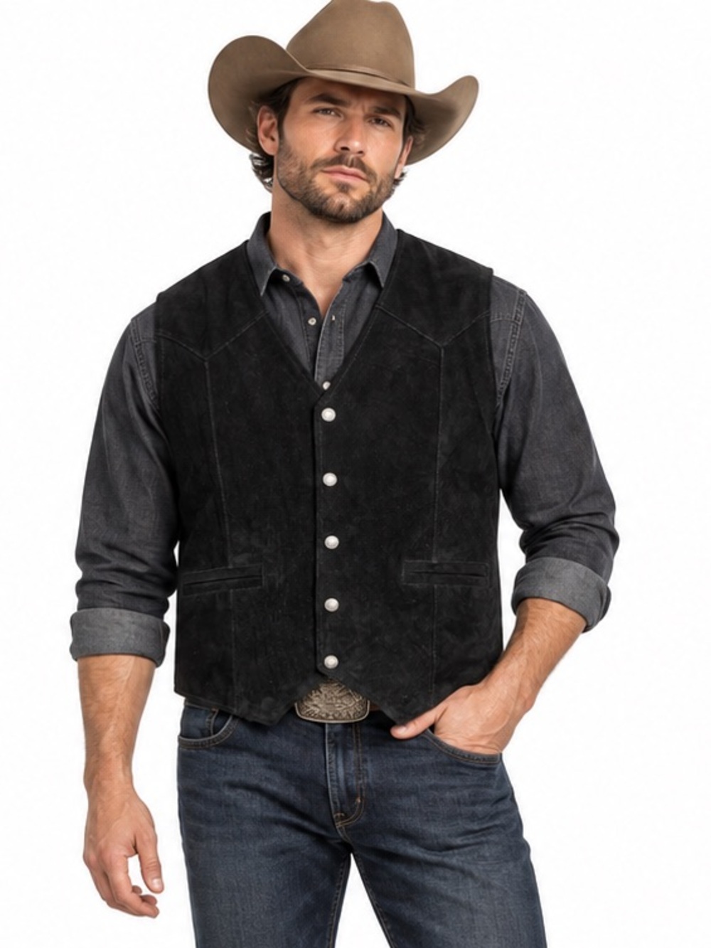 CODY JAMES Men’s XL Black Suede Leather Western Cowboy Vest Snap Front